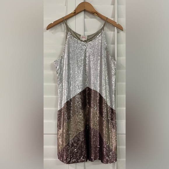 Parker Colorblock Grey Brown Sequin Dress - Picture 1 of 10
